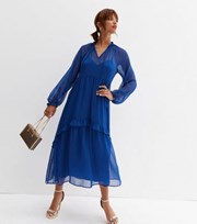 New Look Bright Blue Chiffon Tiered Frill Midi Smock Dress